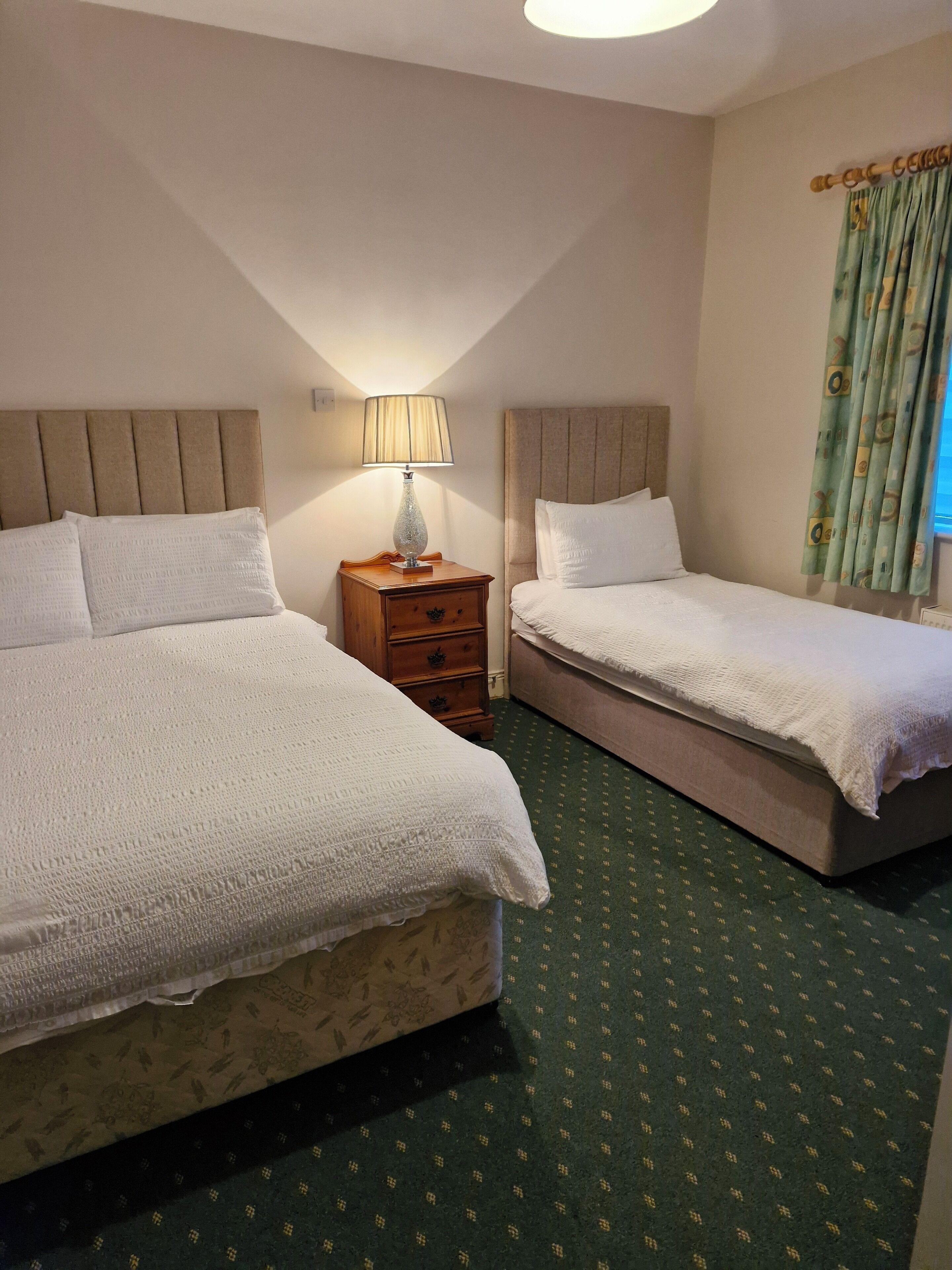 A hotel room with two beds, a nightstand with a lamp, and a patterned carpet.
