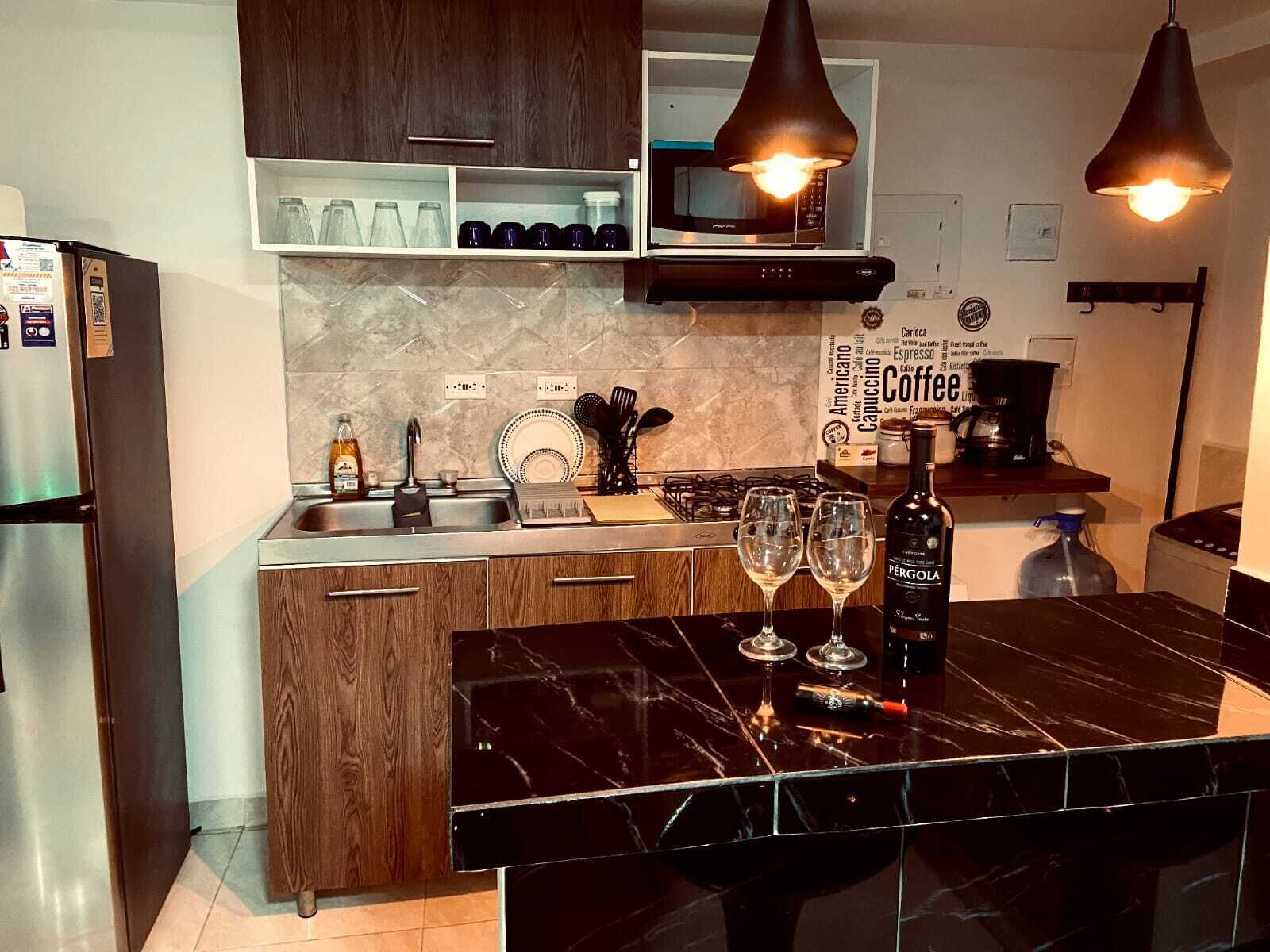 Apartamento Confort, balcón, vistas a la ciudad (D) | Cocina privada | Refrigerador, microondas, parrilla de estufa y tetera eléctrica 