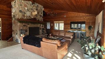 TV connectée, cheminée, médiathèque, chaîne hi-fi