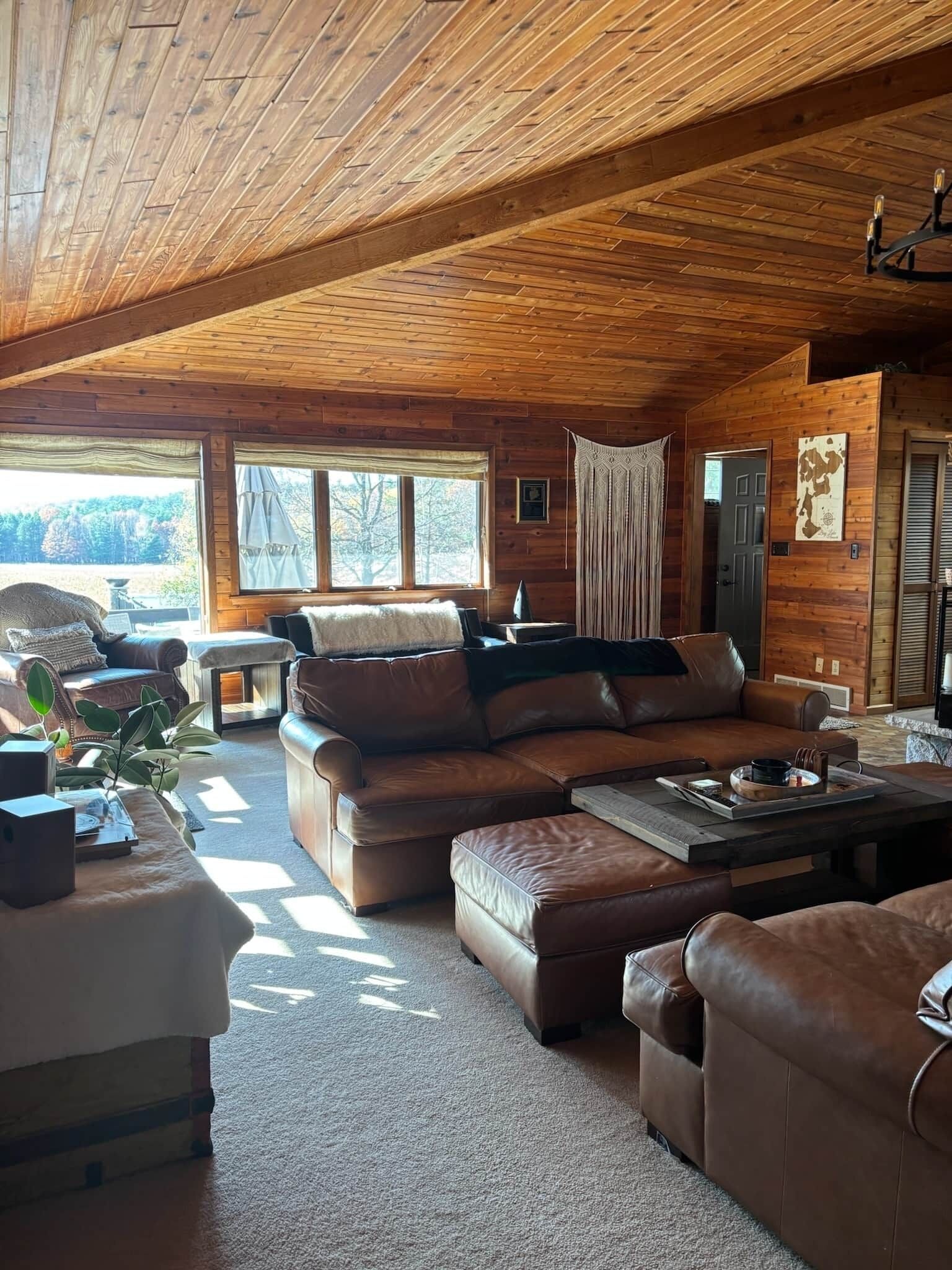 TV connectée, cheminée, médiathèque, chaîne hi-fi