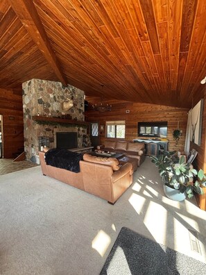 Älytelevisio, takka, musiikkikirjasto, stereot