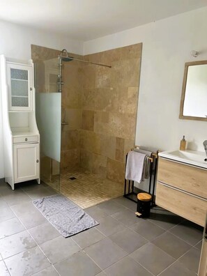 Shower, hair dryer, towels
