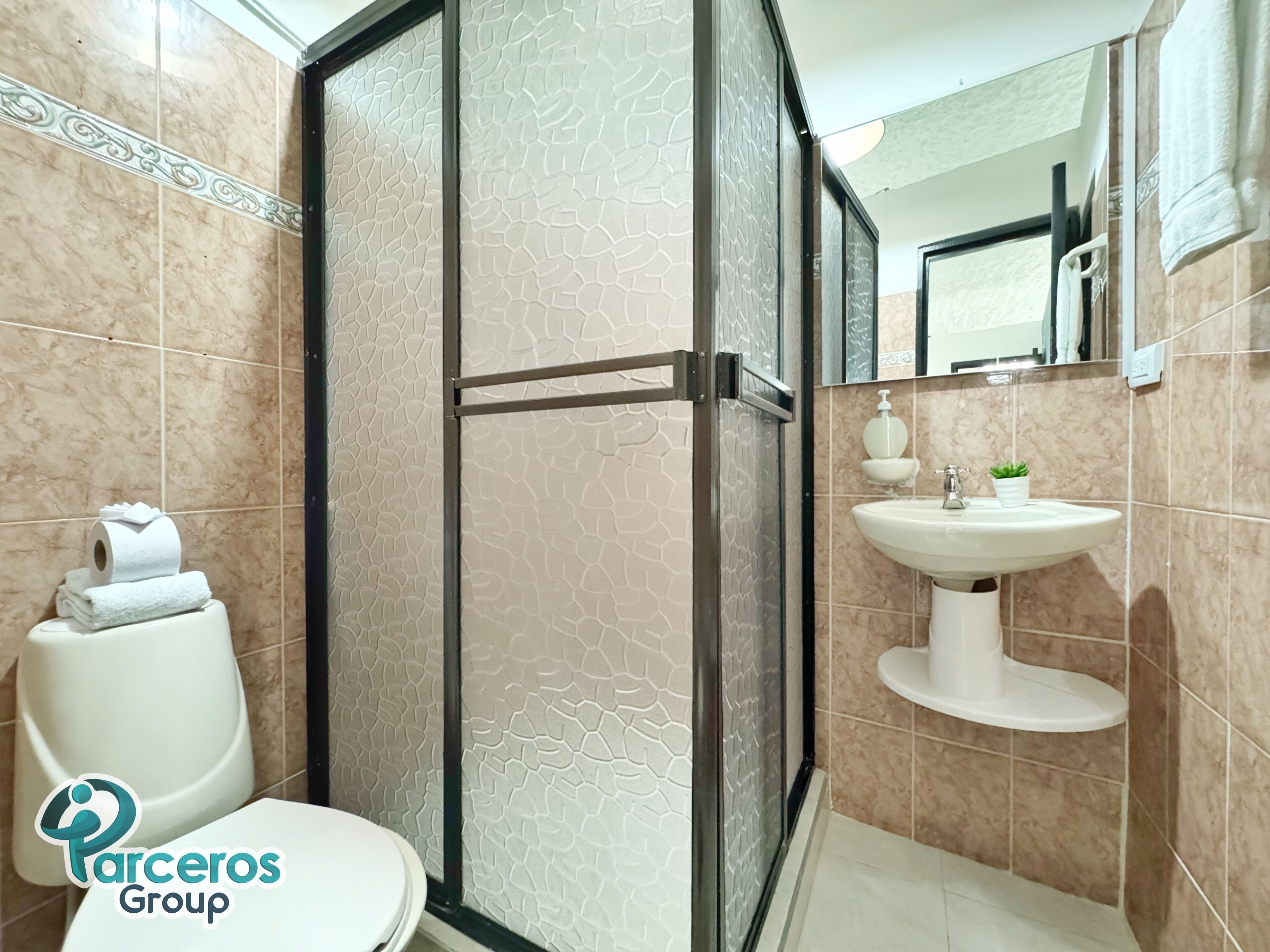 A bathroom with a toilet, a sink, and a shower area.