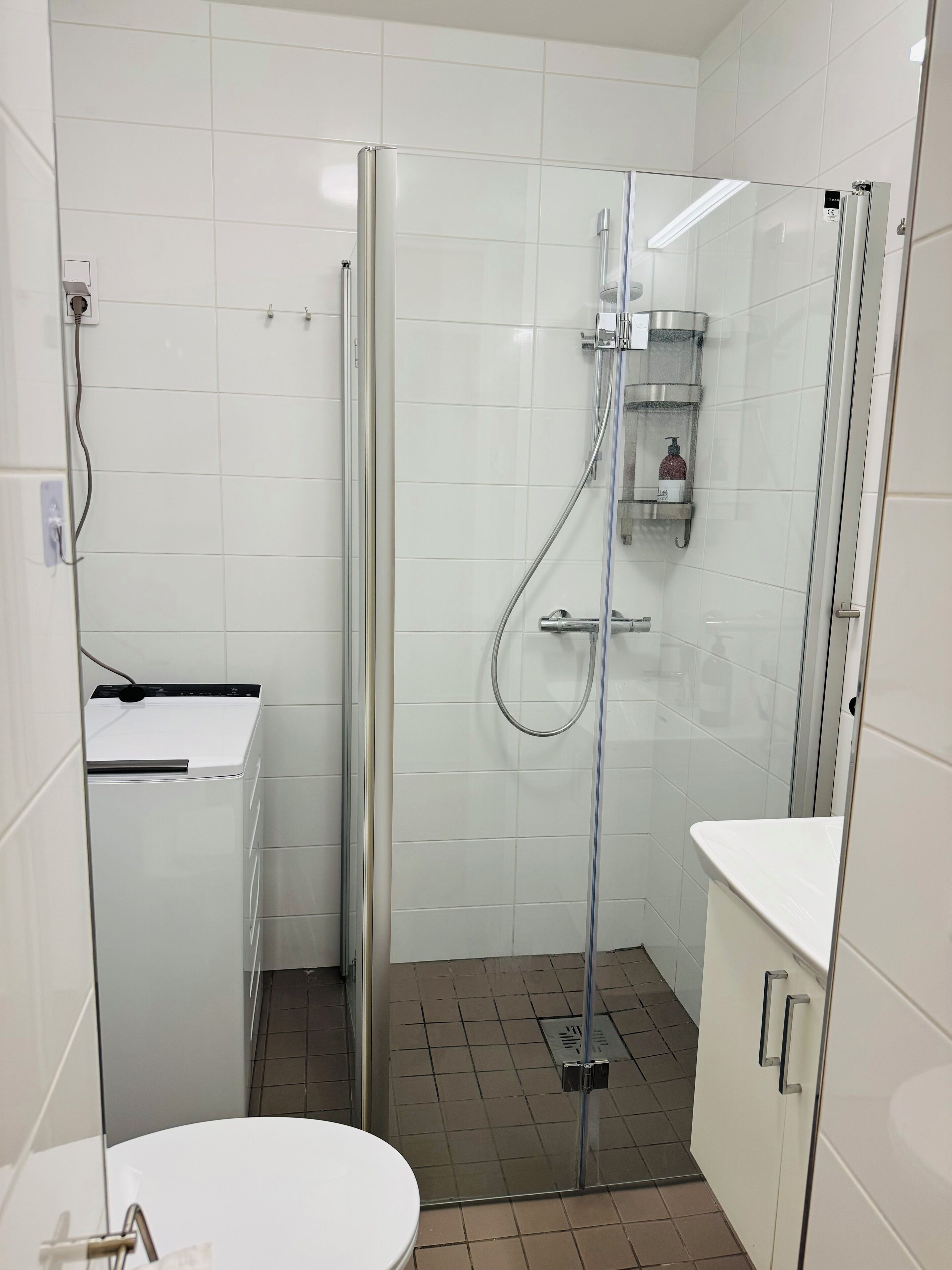A modern bathroom with a glass-enclosed shower, a white sink, and a toilet.