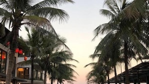 A pathway lined with palm trees leading to a beach, with buildings on either side. - Canvas Hotel (Da Nang)
