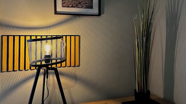 Une photographie encadrée du Colisée accrochée au mur, une lampe posée sur une table en bois et une plante en pot.