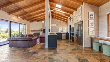 Smart TV, fireplace, books