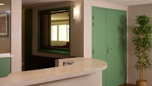 Un área de recepción con un mostrador curvo, una puerta verde, un cuadro en la pared y una planta en maceta.