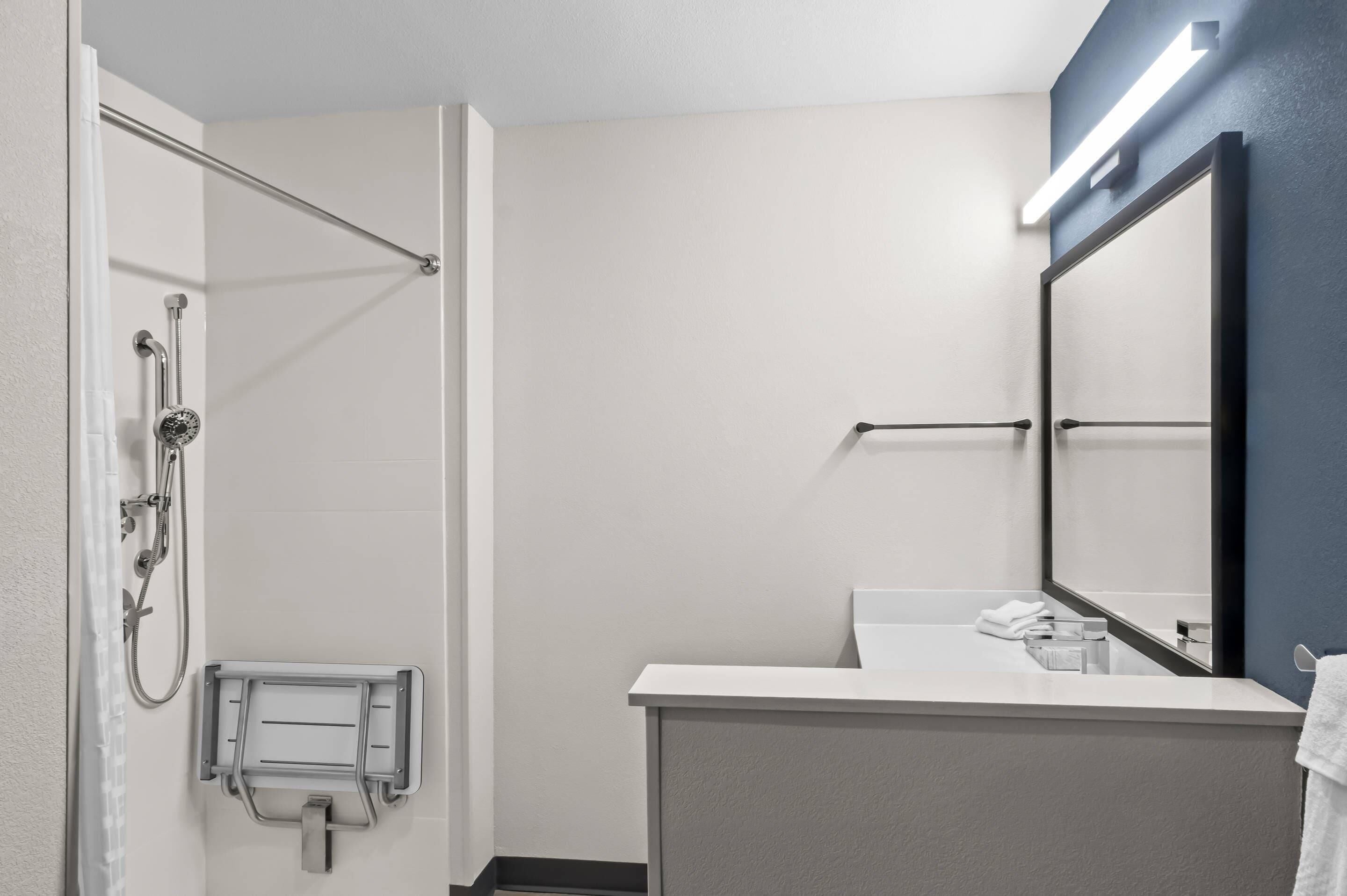 A modern bathroom with a shower, a sink, and a large mirror.
