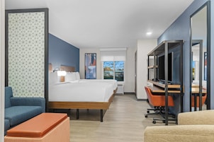 Una habitación de hotel con una cama grande, un escritorio con computadora, una silla y un sofá.