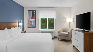 Ein Hotelzimmer mit einem großen Bett, einem Fernseher, einem Sessel und einem Fenster mit Blick auf Grünflächen.