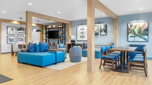 Ein modernes Wohnzimmer mit einem blauen Sofa, einem Holztisch und einem Bücherregal.