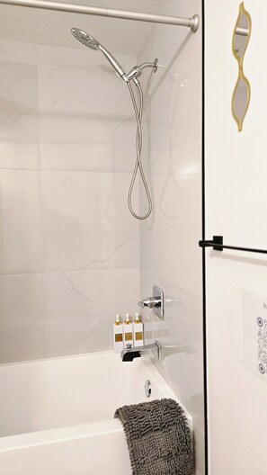 Hair dryer, towels, soap, toilet paper