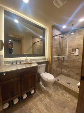 Un bagno con uno specchio grande, un lavabo, un WC e una doccia vetrata.