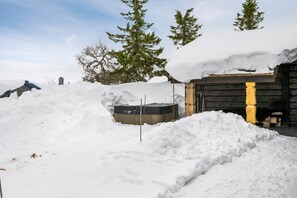 A snow-covered outdoor area with a wooden cabin, a hot tub, and a pile of firewood.