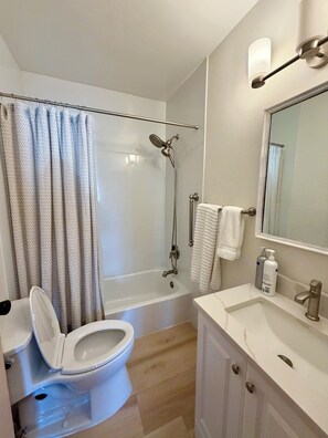 Hair dryer, towels, soap, toilet paper
