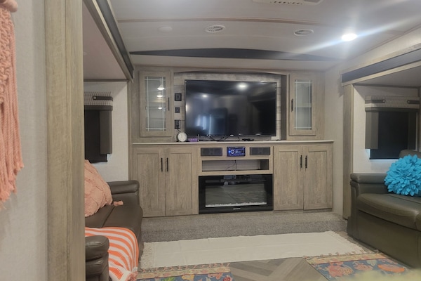 Smart TV, lareira, livros