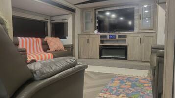 Smart TV, fireplace, books