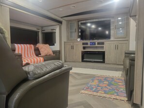 Smart TV, fireplace, books