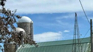 A red barn with a green roof, a silo, and a metal structure in a grassy field. - Back to the Old Farm (Ashland)