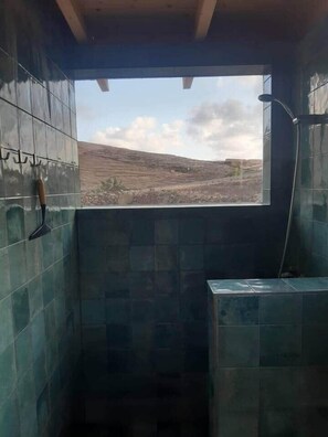 Shower, hair dryer, soap, toilet paper