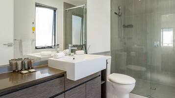 Shower, hair dryer, towels