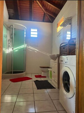 Chuveiro, secador de cabelo, toalhas de banho 