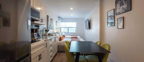 Fridge, microwave, coffee/tea maker, toaster