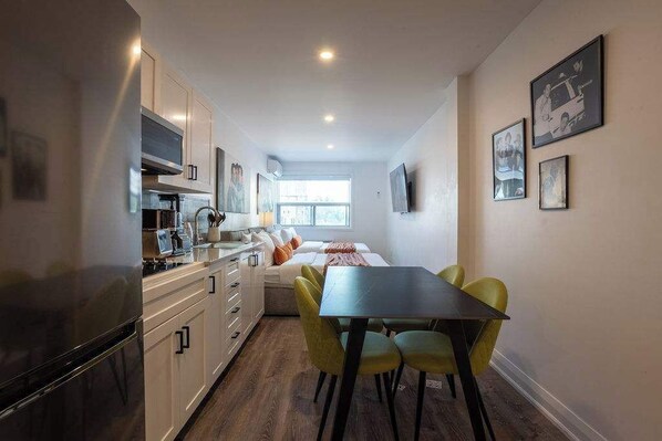 Fridge, microwave, coffee/tea maker, toaster