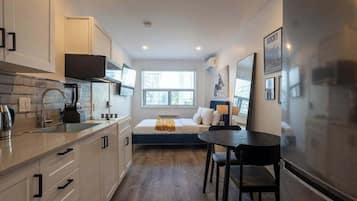 Fridge, microwave, coffee/tea maker, toaster