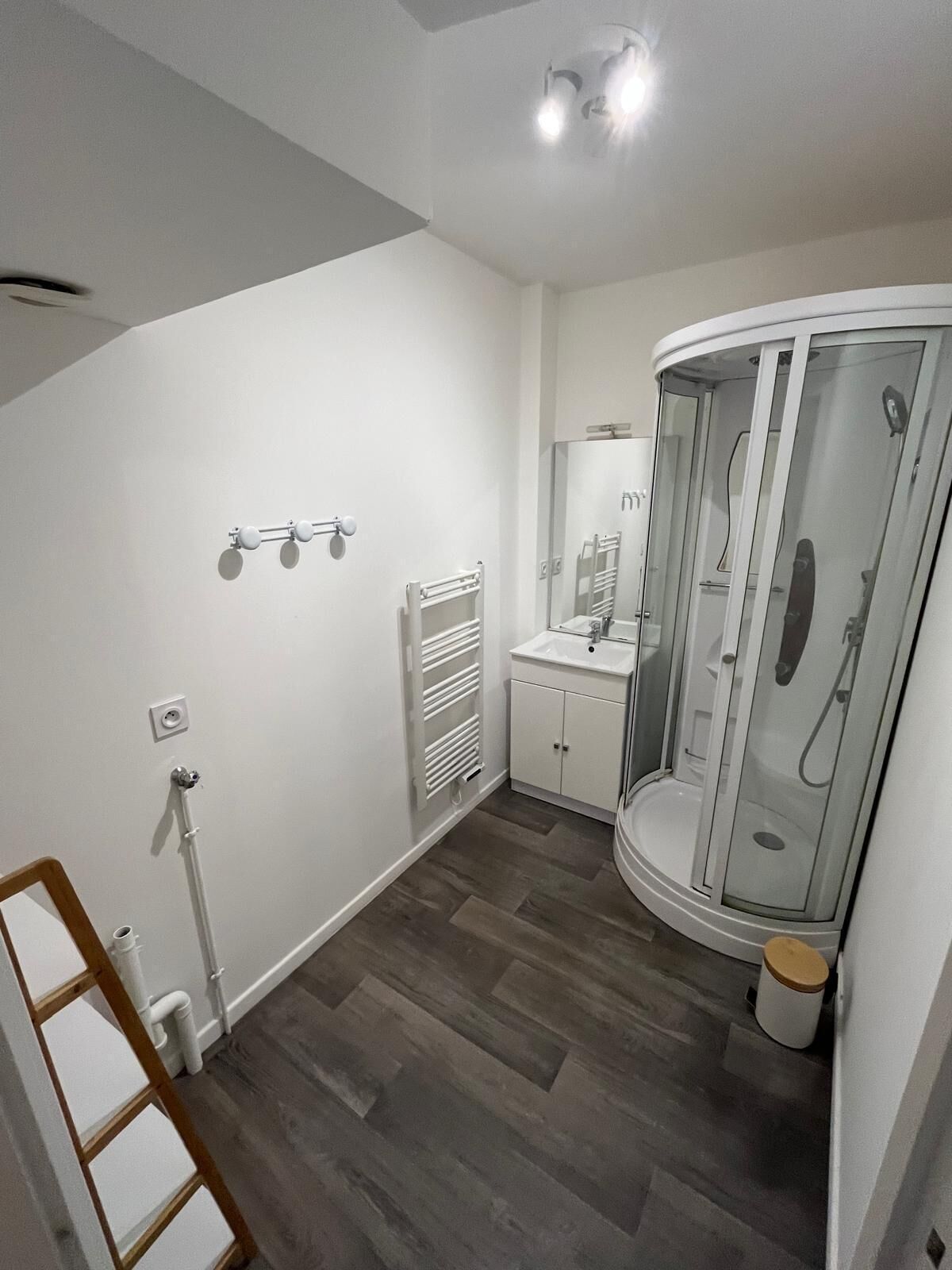 Shower, hair dryer, towels, toilet paper