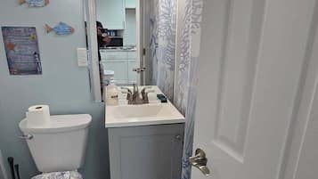 Shower, hair dryer, shampoo