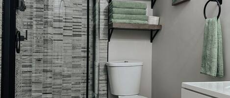 Douche, sèche-cheveux, serviettes fournies, savon