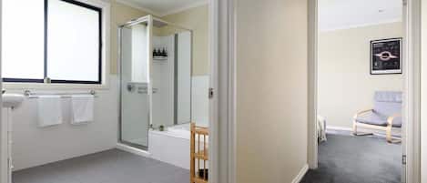 Hair dryer, towels, shampoo