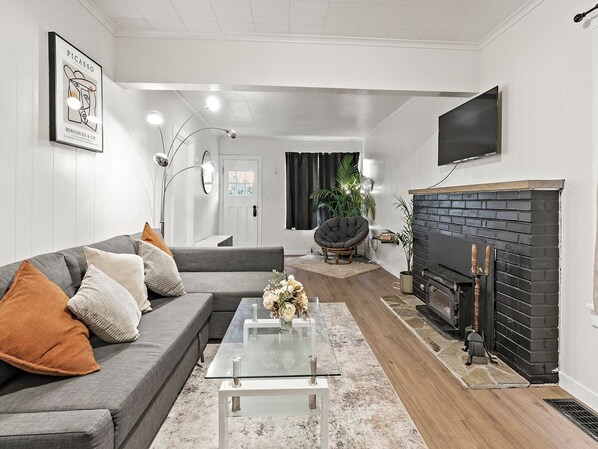 Smart TV, fireplace, books