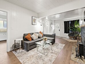 Smart TV, fireplace, books