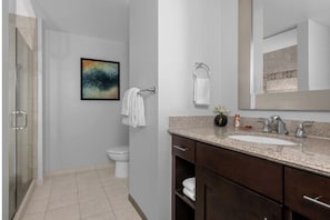 Hair dryer, towels, soap, shampoo