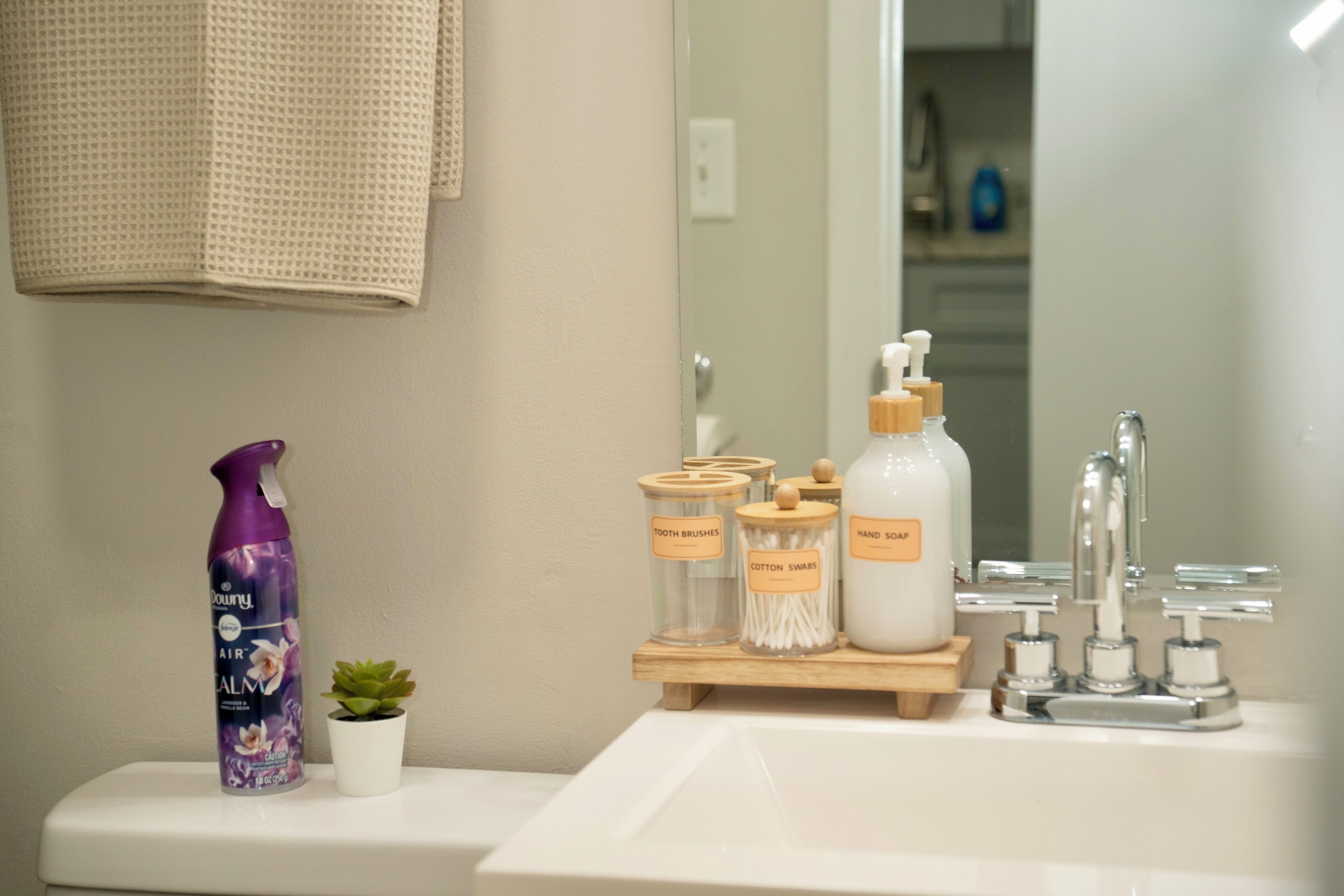 Hair dryer, towels, soap, toilet paper