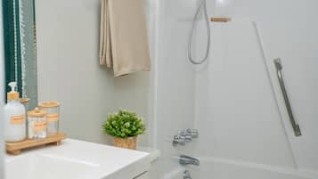 Hair dryer, towels, soap, toilet paper