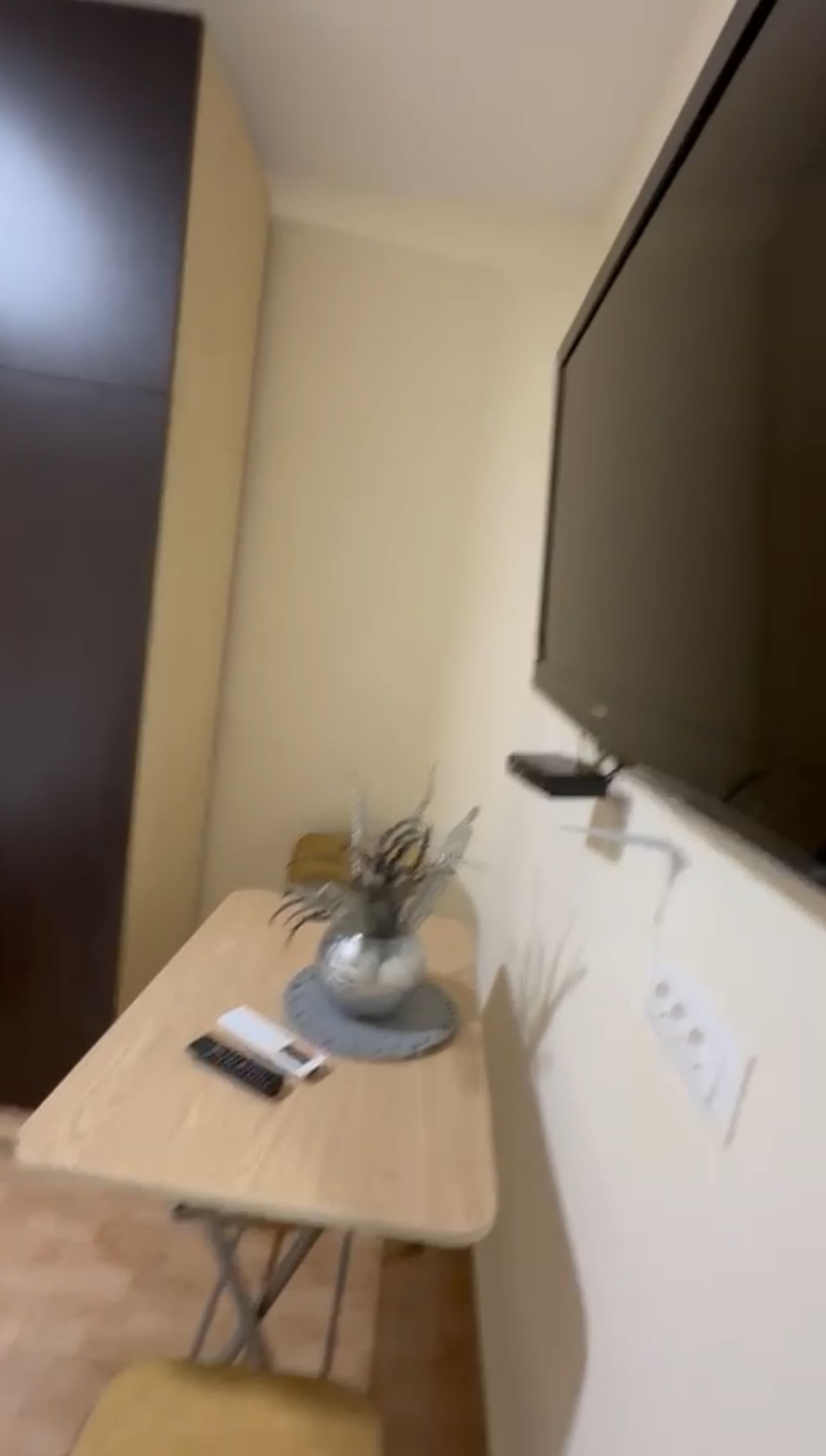 A small room with a wooden table, a chair, a vase with plants, a remote control, and a wall-mounted TV.