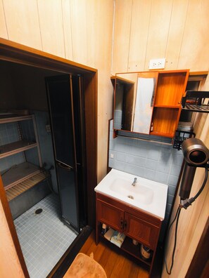 Une petite salle de bain avec un meuble-lavabo en bois, un évier, un miroir et un sèche-cheveux.