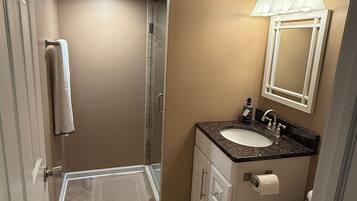 Shower, towels, soap, shampoo