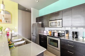 Fridge, microwave, oven, stovetop