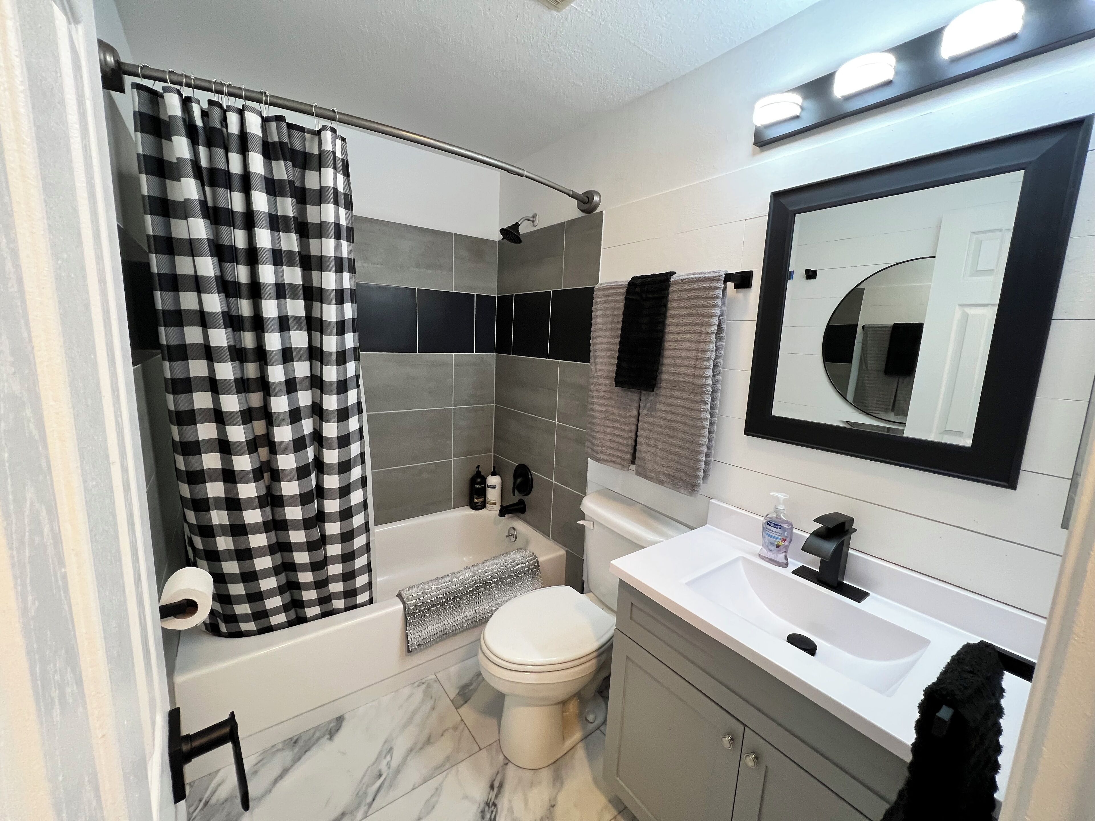 Hair dryer, towels, soap, toilet paper