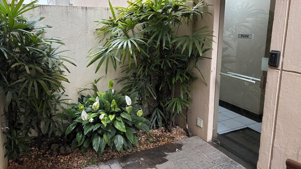 A gated entrance with a glass door, surrounded by lush green plants and a stone wall. - 2-Bedroom Apartment Near Ouro Minas Hotel (Belo Horizonte)