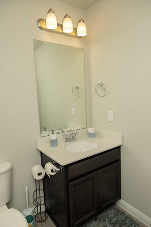 Hair dryer, towels, soap, toilet paper