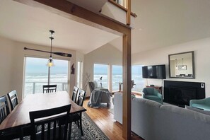 Smart TV, fireplace, books