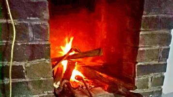 Chimenea con leña encendida.