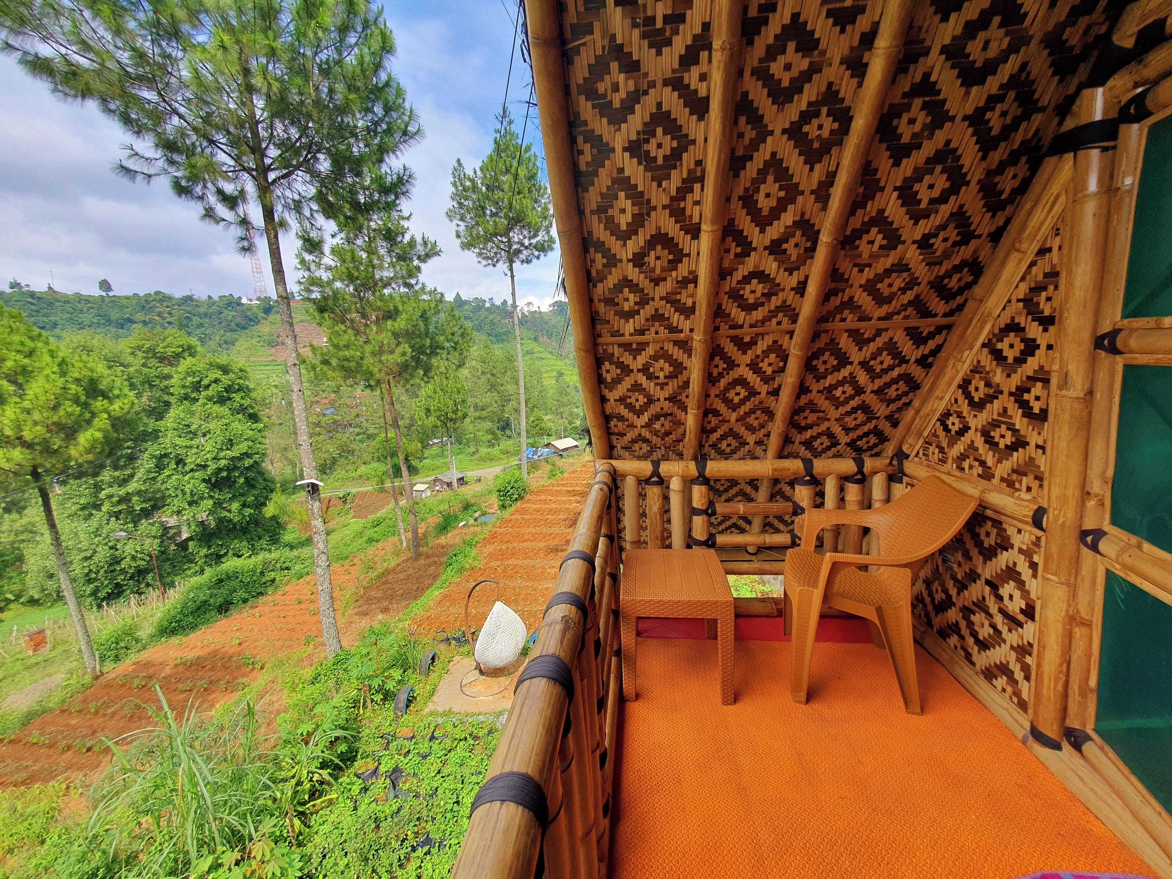 A bamboo structure with a patterned ceiling, a wooden bench, and a view of a lush green landscape.