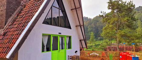 Una casa con techo inclinado, puerta verde y un ventanal grande.
